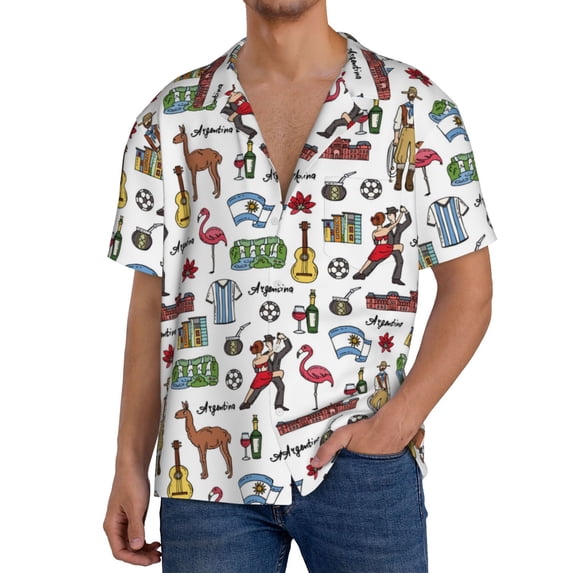 KLL Retro Style Print Men's Shirt Short Sleeve Button Down Summer Cuba Beach Shirts- Large