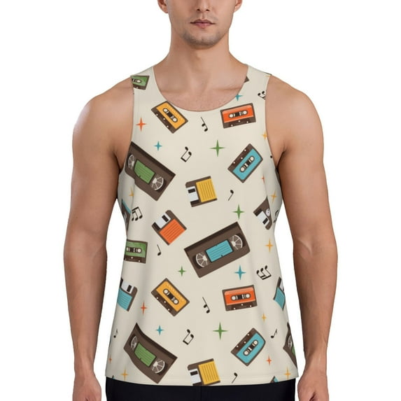 KLL Retro Vintage Tape Print Men's Muscle Gym Workout Stringer Tank Tops Bodybuilding Fitness T-Shirts Tank Tops Men-Large