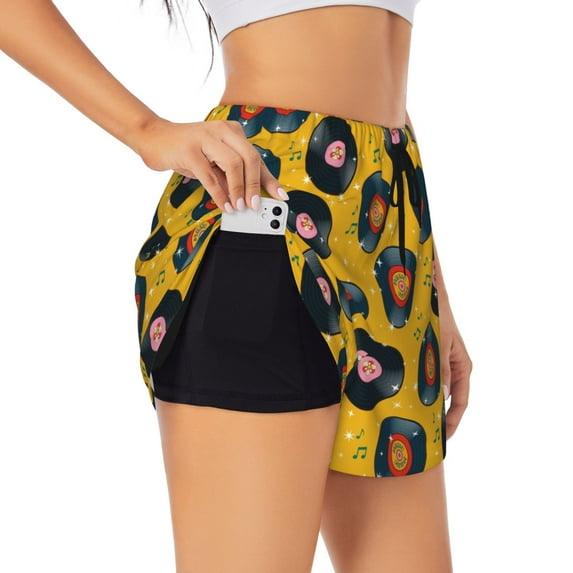 KLL Retro Vinyl Records Pattern Shorts Women,Athletic Shorts High Waisted Running Shorts Pocket Sporty Short Gym Elastic Workout Shorts-Large