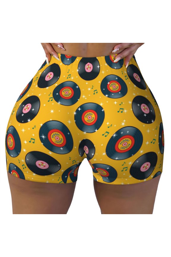 Retro Vinyl Records Pattern Workout Shorts for Women Scrunch Short Gym Yoga Running Sport Active Exercise Fitness Shorts
