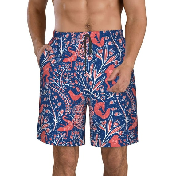 KLL Retro plants forest animals Men's Casual Summer Beach Shorts Hawaiian Shorts with Pockets-X-Large