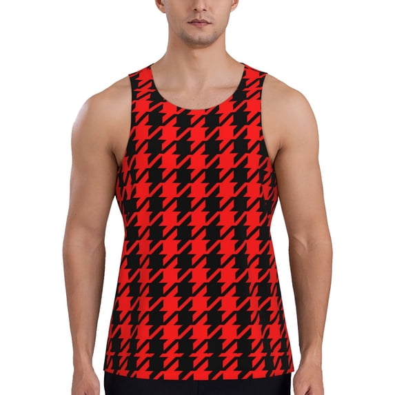KLL Retro red and Black Houndstooth Print Men's Muscle Gym Workout Stringer Tank Tops Bodybuilding Fitness T-Shirts Tank Tops Men-Medium