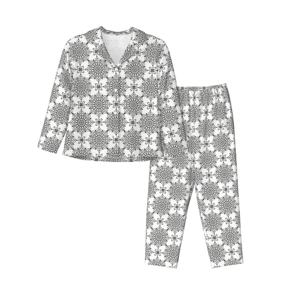 KLL Retro sketch flower lines Print Women's Long Sleeve Pajamas with Pants Sleepwear Loungewear 2 Set-X-Large