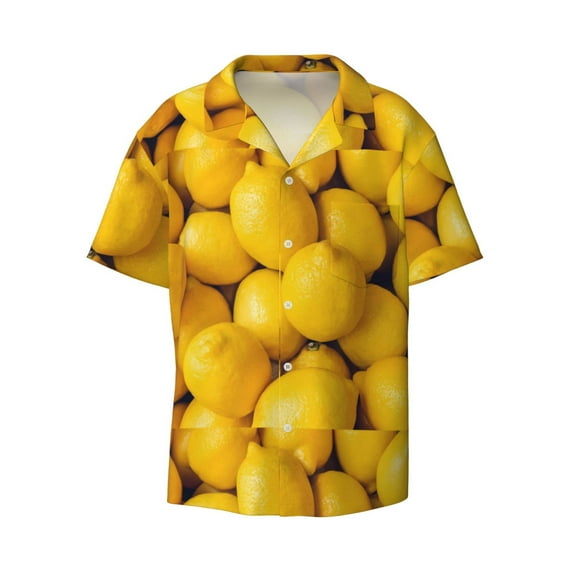KLL Ripe Yellow Lemon Print Men's Shirt Short Sleeve Button Down Summer Cuba Beach Shirts- X-Large