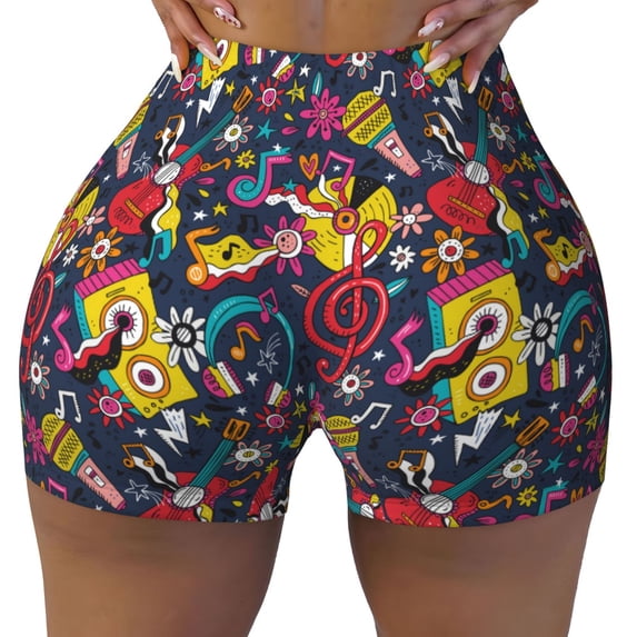 KLL Rock Music Pattern Workout Shorts for Women Scrunch Short Gym Yoga Running Sport Active Exercise Fitness Shorts