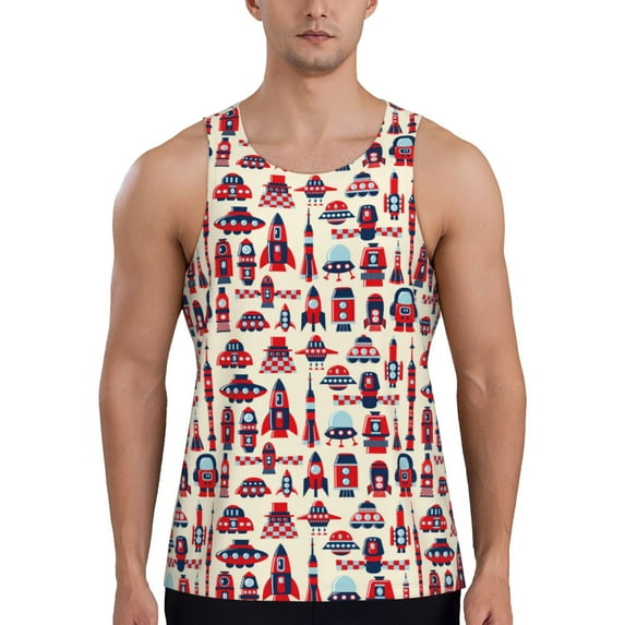 KLL Rocket Pattern Print Men's Muscle Gym Workout Stringer Tank Tops Bodybuilding Fitness T-Shirts Tank Tops Men-3X-Large