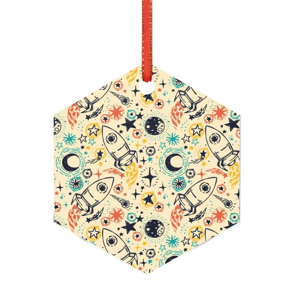 KLL Rockets Pattern Acrylic Christmas Ornaments,1 PCS Xmas Tree Decor with Ribbon 3" Christmas Décor Christmas Pendant for Hanging on Tree & Party Favors-Hexagon