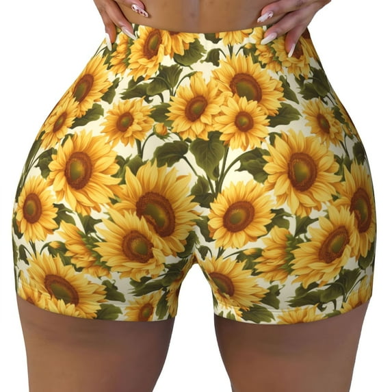 KLL Romantic Elegant Sunflower Pattern Workout Shorts for Women Scrunch Short Gym Yoga Running Sport Active Exercise Fitness Shorts