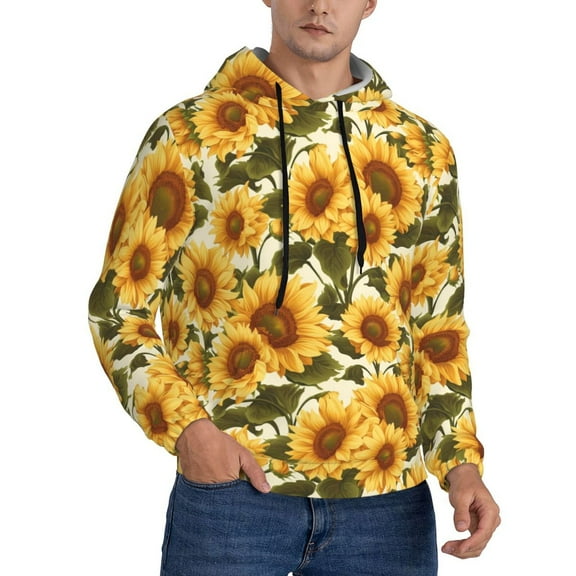 KLL Romantic Elegant Sunflower Print Mens Hoodie Long Sleeve Casual Pullover Hooded Sweatshirt Fashion Drawstring Hoodies with Pocket-4X-Large