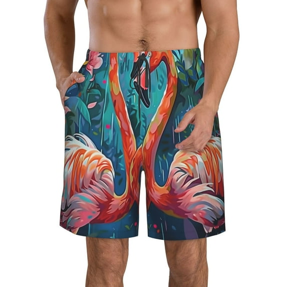 KLL Romantic Flamingo Pair Men's Casual Summer Beach Shorts Hawaiian Shorts with Pockets-Medium