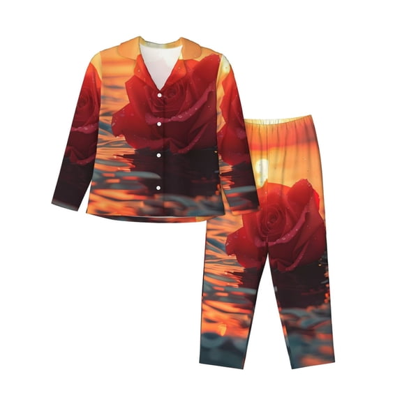 KLL Romantic Roses Sunset Ocean Print Women's Long Sleeve Pajamas with Pants Sleepwear Loungewear 2 Set-Small