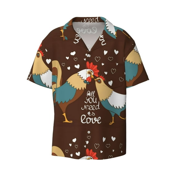KLL Rooster And Chicken Print Men's Shirt Short Sleeve Button Down Summer Cuba Beach Shirts- 3X-Large
