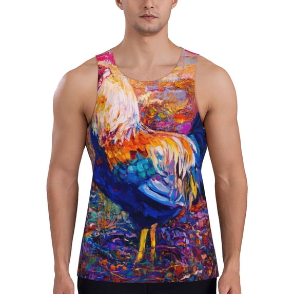 KLL Rooster Oil Painting Print Men's Muscle Gym Workout Stringer Tank Tops Bodybuilding Fitness T-Shirts Tank Tops Men-3X-Large