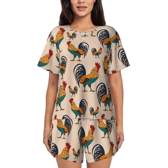 KLL Rooster Print Pajama Set for Women Short Sleeve Sleepwear Pjs Soft 2 Piece Lounge Sleepwear Sets-X-Large