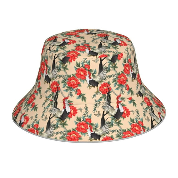 KLL Roosters And Peonies Flowers Bucket Hat for Women Men Packable Travel Beach Sun Hat Outdoor Rave Accessories Reflective Fisherman Cap