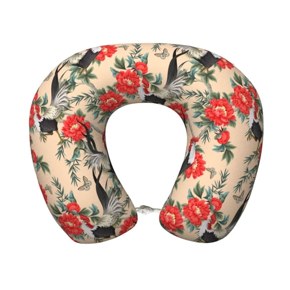 KLL Roosters And Peonies Flowers Pattern Memory Foam Cervical Neck Pillow Versatile U-Shaped Pillows for Home/Office/Camping/Travelling/Soft Washable Cover
