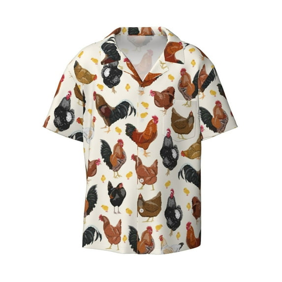 KLL Roosters and Chickens Print Men's Shirt Short Sleeve Button Down Summer Cuba Beach Shirts- Small