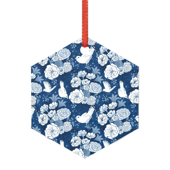 KLL Rose Flowers Pattern Acrylic Christmas Ornaments,1 PCS Xmas Tree Decor with Ribbon 3" Christmas Décor Christmas Pendant for Hanging on Tree & Party Favors-Hexagon