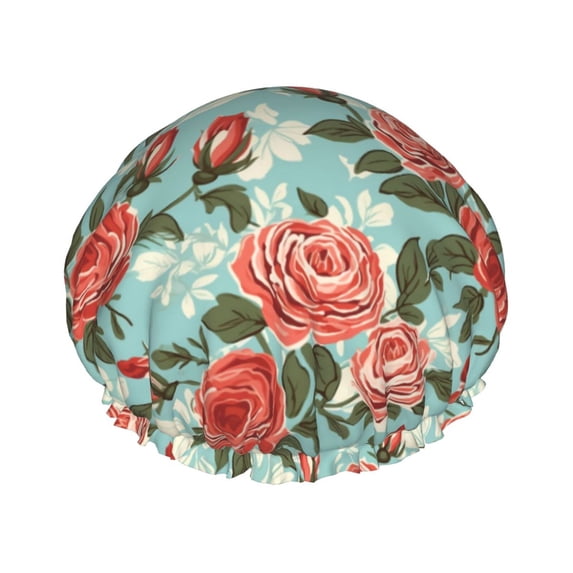 KLL Rose Flowers Pattern Shower Cap & Bath Cap for Women,Reversible Oversized Waterproof Shower Caps for all Hair Lengths,Elastic Reusable Bathing Hair Cap