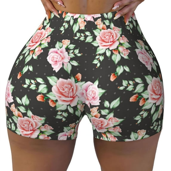 KLL Rose Flowers Pattern Workout Shorts for Women Scrunch Short Gym Yoga Running Sport Active Exercise Fitness Shorts