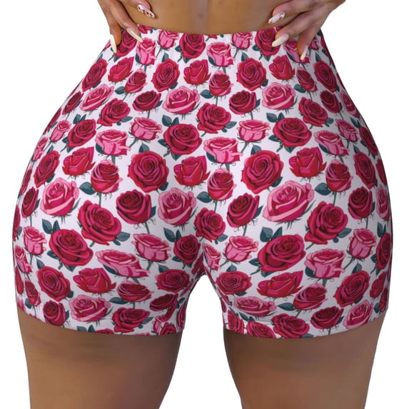 KLL Rose Flowers Pattern Workout Shorts for Women Scrunch Short Gym Yoga Running Sport Active Exercise Fitness Shorts