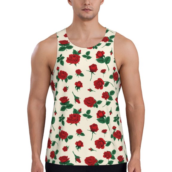 KLL Rose Flowers Print Men's Muscle Gym Workout Stringer Tank Tops Bodybuilding Fitness T-Shirts Tank Tops Men-4X-Large