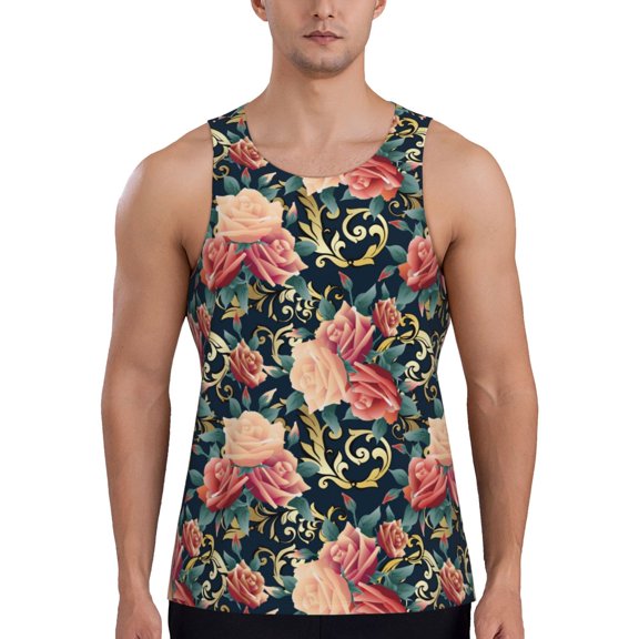 KLL Rose Flowers Print Men's Muscle Gym Workout Stringer Tank Tops Bodybuilding Fitness T-Shirts Tank Tops Men-Medium