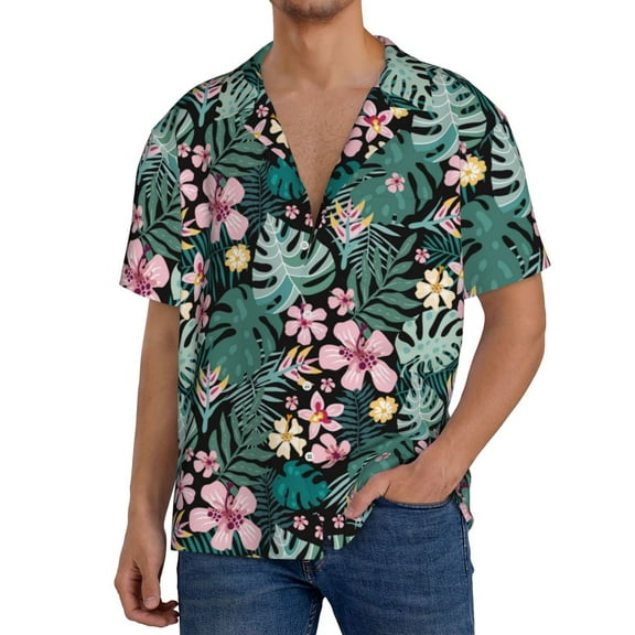 KLL Rose Flowers Print Men's Shirt Short Sleeve Button Down Summer Cuba Beach Shirts- 3X-Large