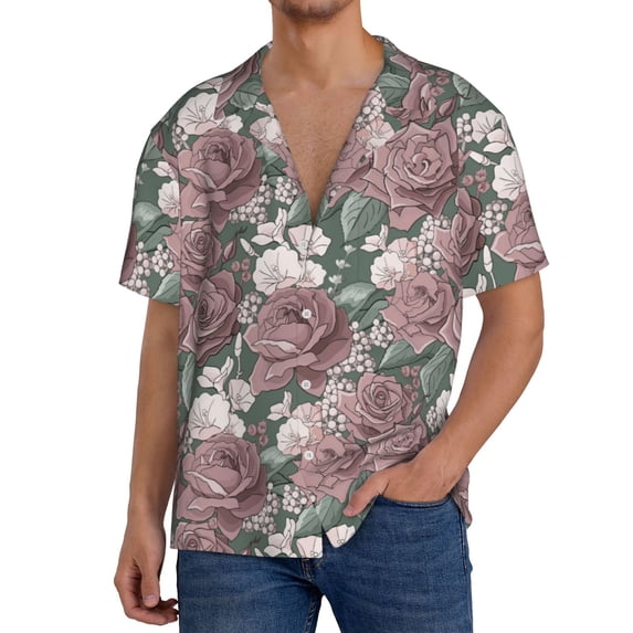 KLL Rose Flowers Print Men's Shirt Short Sleeve Button Down Summer Cuba Beach Shirts- Medium