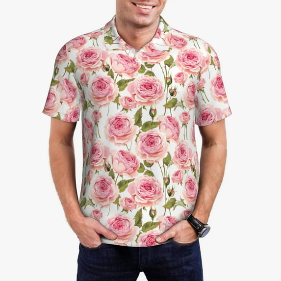 KLL Rose Flowers Print Men's Short Sleeve Golf Polo,Three-Button Polo Shirts Summer Fashion Golf Shirt-4X-Large