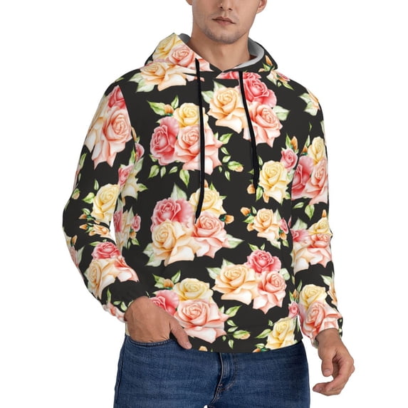 KLL Rose Flowers Print Mens Hoodie Long Sleeve Casual Pullover Hooded Sweatshirt Fashion Drawstring Hoodies with Pocket-XX-Large