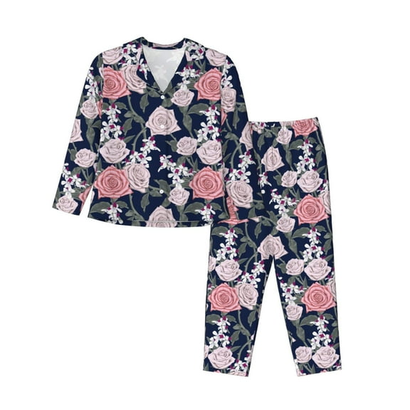 KLL Rose Flowers Print Women's Long Sleeve Pajamas with Pants Sleepwear Loungewear 2 Set-X-Large