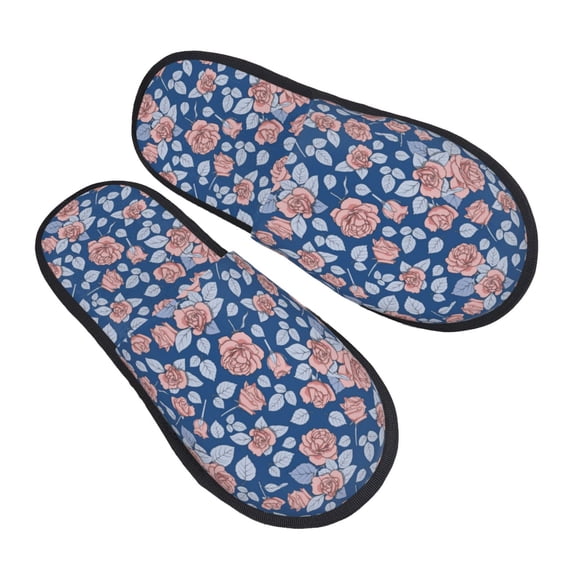 KLL Rose Flowers Slippers for Women Men House Slip on Indoor Outdoor Bedroom Furry Fleece Lined Ladies Comfy Anti-Skid Rubber Hard Sole-
