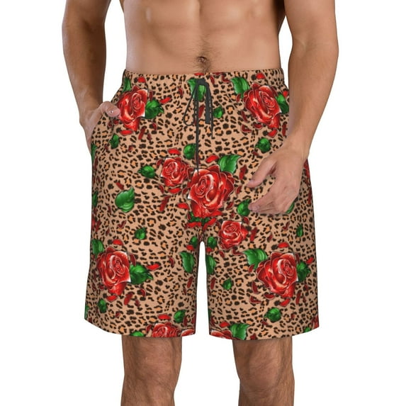 KLL Rose Mix Leopard 1 Men's Casual Summer Beach Shorts Hawaiian Shorts with Pockets-3X-Large