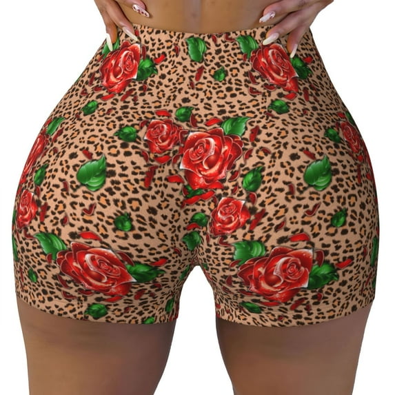 KLL Rose Mix Leopard 1 Pattern Workout Shorts for Women Scrunch Short Gym Yoga Running Sport Active Exercise Fitness Shorts