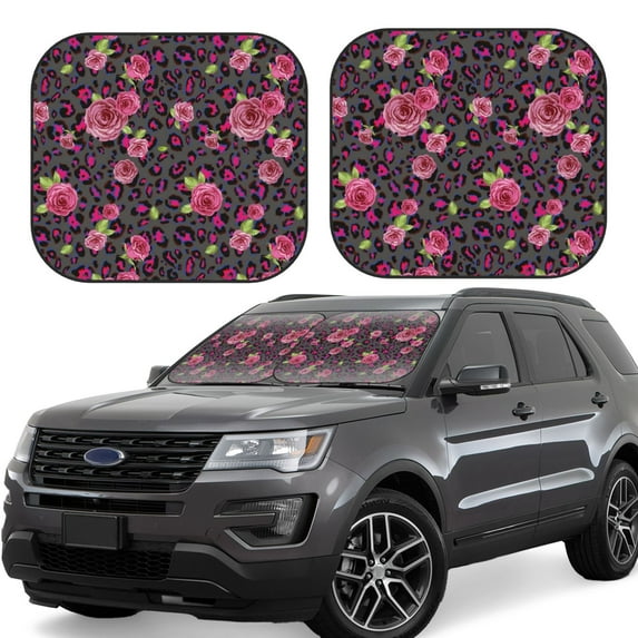 KLL Rose Mix Leopard 2 Windshield Sun Shade 2-Piece Foldable Car Front Window Sunshade for Most Sedans SUV Truck- Medium