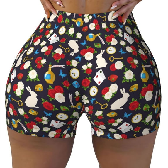 KLL Rose Rabbit Pattern Workout Shorts for Women Scrunch Short Gym Yoga Running Sport Active Exercise Fitness Shorts