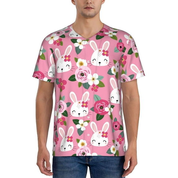 KLL Rose Rabbit for Men's Baseball Shirts,Short Sleeve Casual Shirts Button Down Shirt for Men Beach Summer Wedding Shirt-Medium