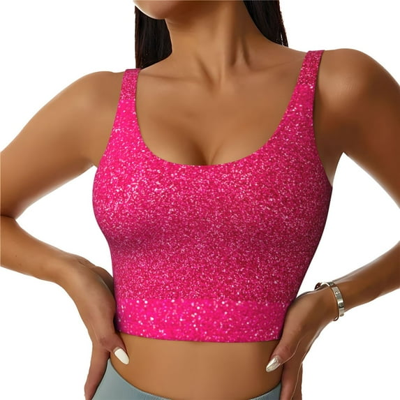 KLL Rose Red Glitter for Workout Tank Tops for Women,U Back Fitness Top Built in Shelf Bras Padded Fit for Yoga Gym-X-Large