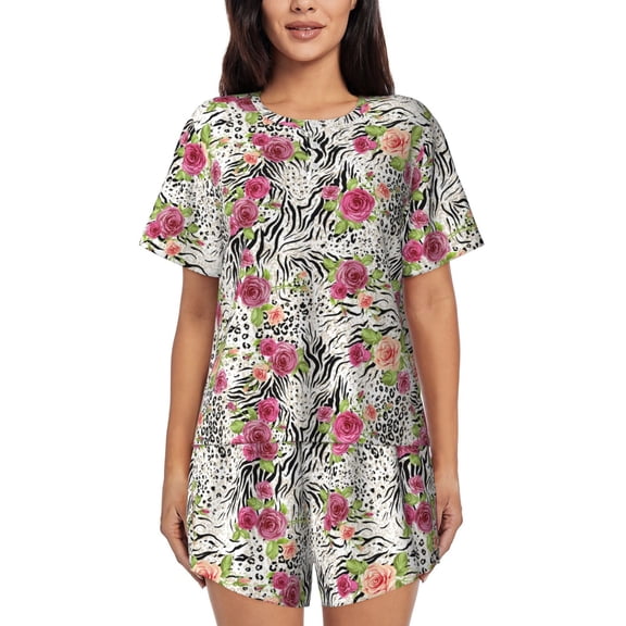 KLL Roses Mixed Zebra Print Pajama Set for Women Short Sleeve Sleepwear Pjs Soft 2 Piece Lounge Sleepwear Sets-Small