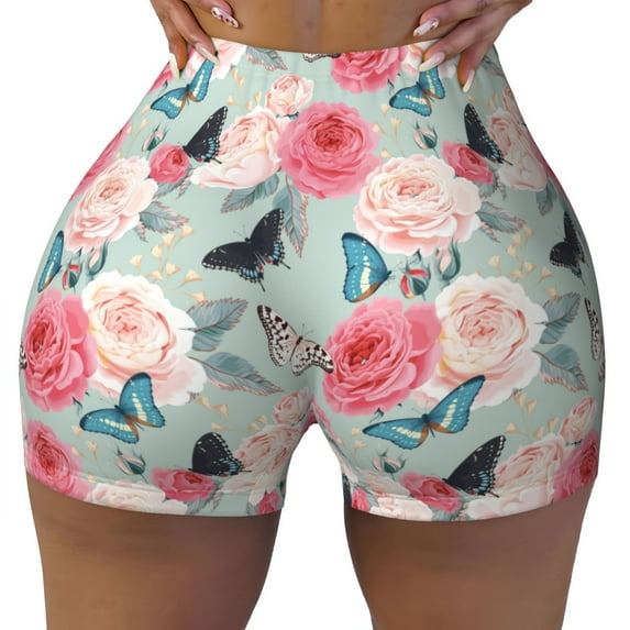 KLL Roses and Butterflies Pattern Workout Shorts for Women Scrunch Short Gym Yoga Running Sport Active Exercise Fitness Shorts
