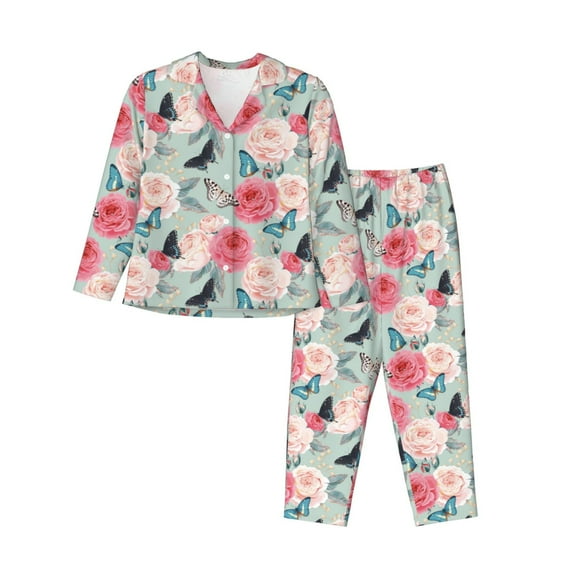 KLL Roses and Butterflies Print Women's Long Sleeve Pajamas with Pants Sleepwear Loungewear 2 Set-X-Large