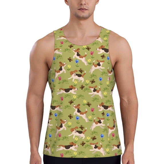 KLL Running Beagle Print Men's Muscle Gym Workout Stringer Tank Tops Bodybuilding Fitness T-Shirts Tank Tops Men-Large