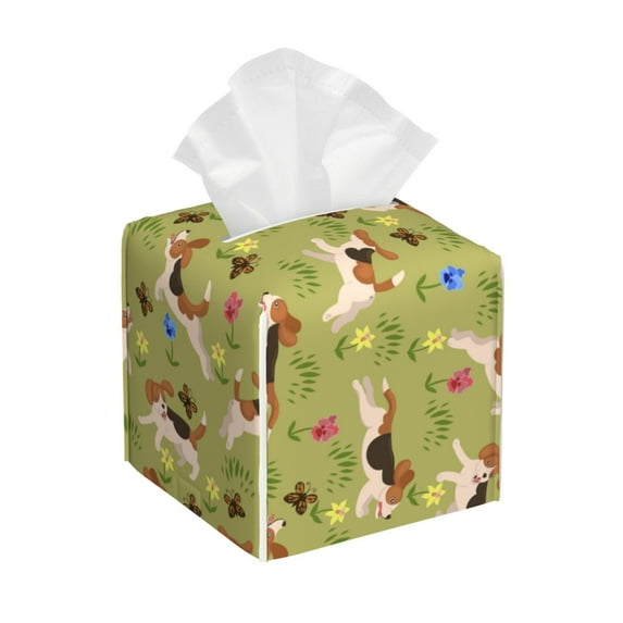 KLL Running Beagle Print Tissue Box Cover,Leather Tissue Holder Square Facial Tissue Case Facial Paper Organizer Dispenser for Bathroom, Vanity Countertop