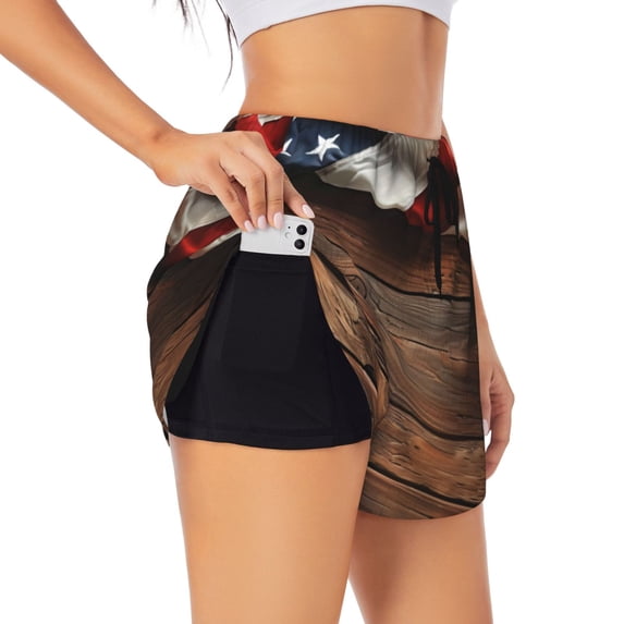 KLL Rustic American Flag Wood Pattern Shorts Women,Athletic Shorts High Waisted Running Shorts Pocket Sporty Short Gym Elastic Workout Shorts-XX-Large