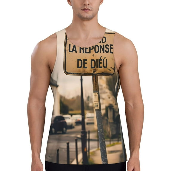 KLL Rustic French Signpost Print Men's Muscle Gym Workout Stringer Tank Tops Bodybuilding Fitness T-Shirts Tank Tops Men-X-Large