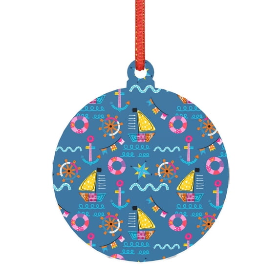 KLL Sailboat With Sailing Pattern Acrylic Christmas Ornaments,1 PCS Xmas Tree Decor with Ribbon 3" Christmas Décor Christmas Pendant for Hanging on Tree & Party Favors-Round Shape