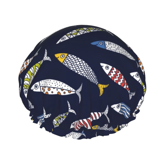 KLL Sardine Pattern Shower Cap & Bath Cap for Women,Reversible Oversized Waterproof Shower Caps for all Hair Lengths,Elastic Reusable Bathing Hair Cap
