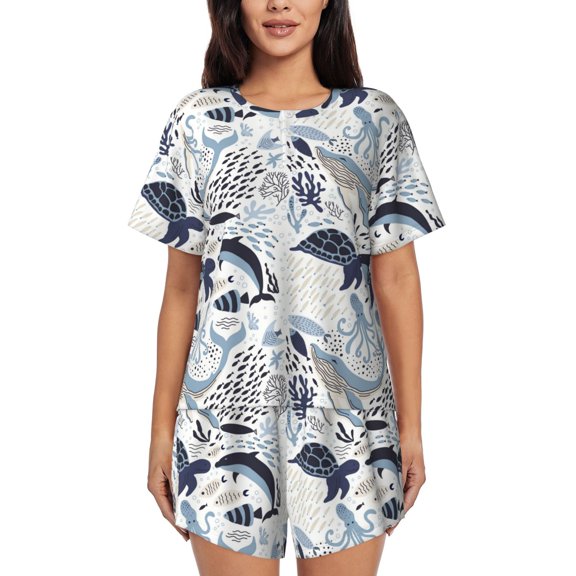 KLL Sea Animal Print Pajama Set for Women Short Sleeve Sleepwear Pjs Soft 2 Piece Lounge Sleepwear Sets-Small