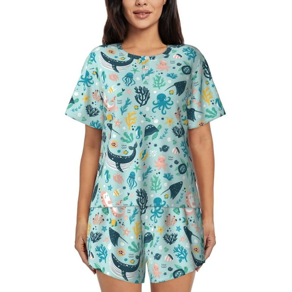 KLL Sea Animal Print Pajama Set for Women Short Sleeve Sleepwear Pjs Soft 2 Piece Lounge Sleepwear Sets-XX-Large